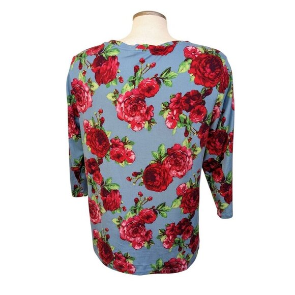The Pioneer Woman Size M Classic Blue Red Floral Print Top Blouse Stretch Soft - Picture 4 of 7
